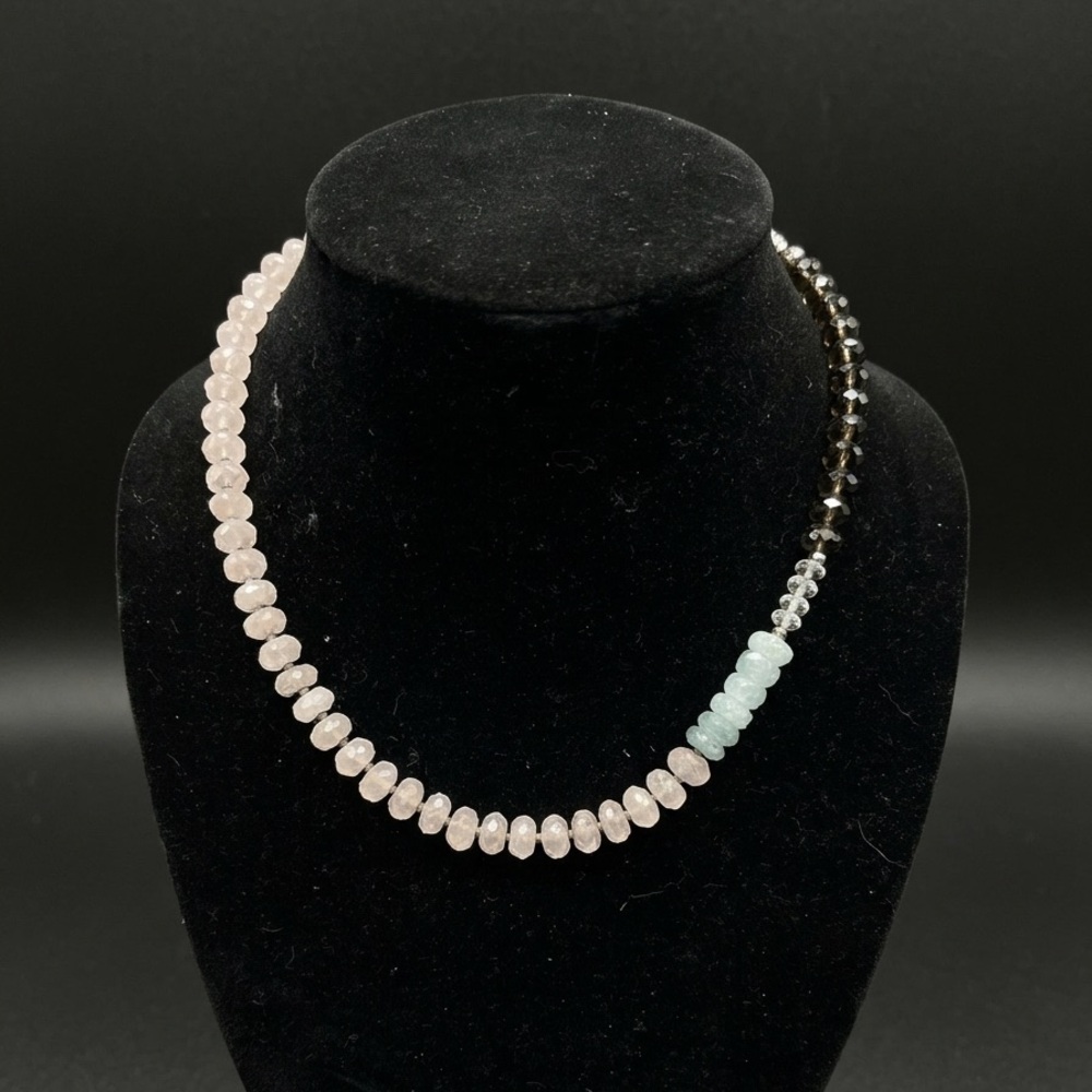 Handmade Rose Quartz & Aquamarine Necklace .925 Sterling Silver Heart Clasp